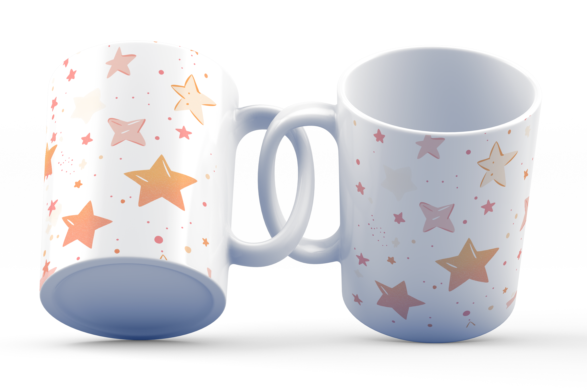 A white ceramic coffee cup with a celestial stars design, featuring pastel stars in pink, peach, and yellow colors on both sides.