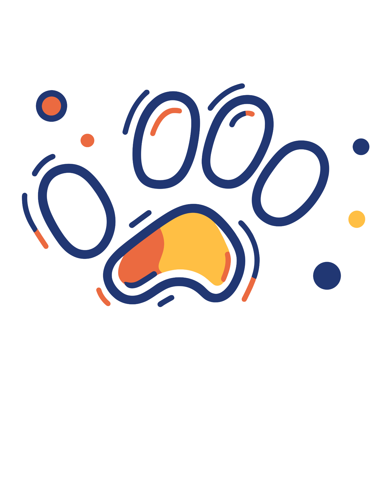 A white cotton t-shirt featuring a vibrant geometric paw print design in orange and navy tones, with abstract shapes.