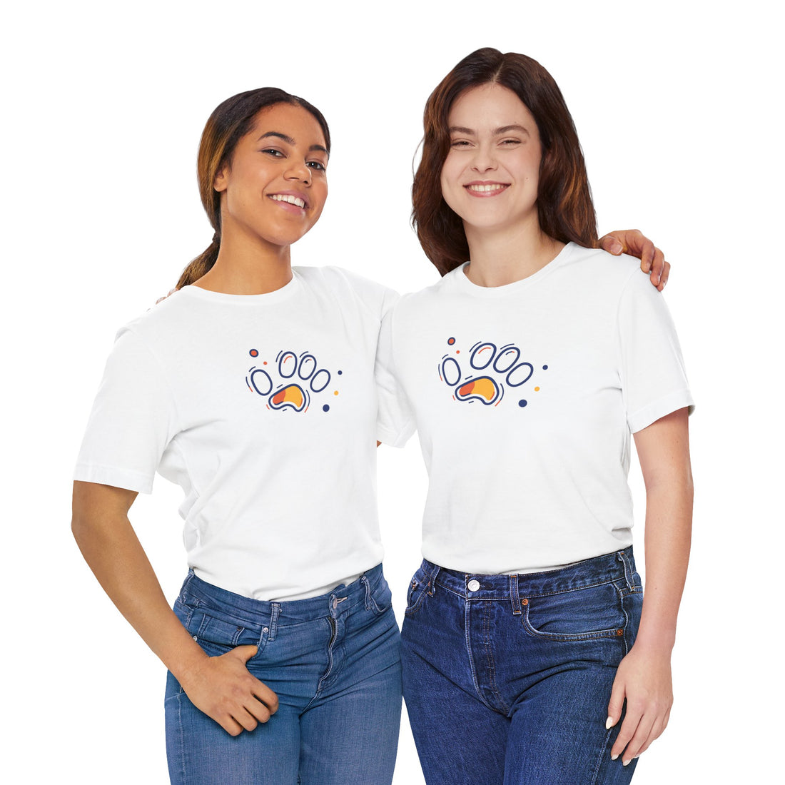 A white cotton t-shirt featuring a vibrant geometric paw print design in orange and navy tones, with abstract shapes.