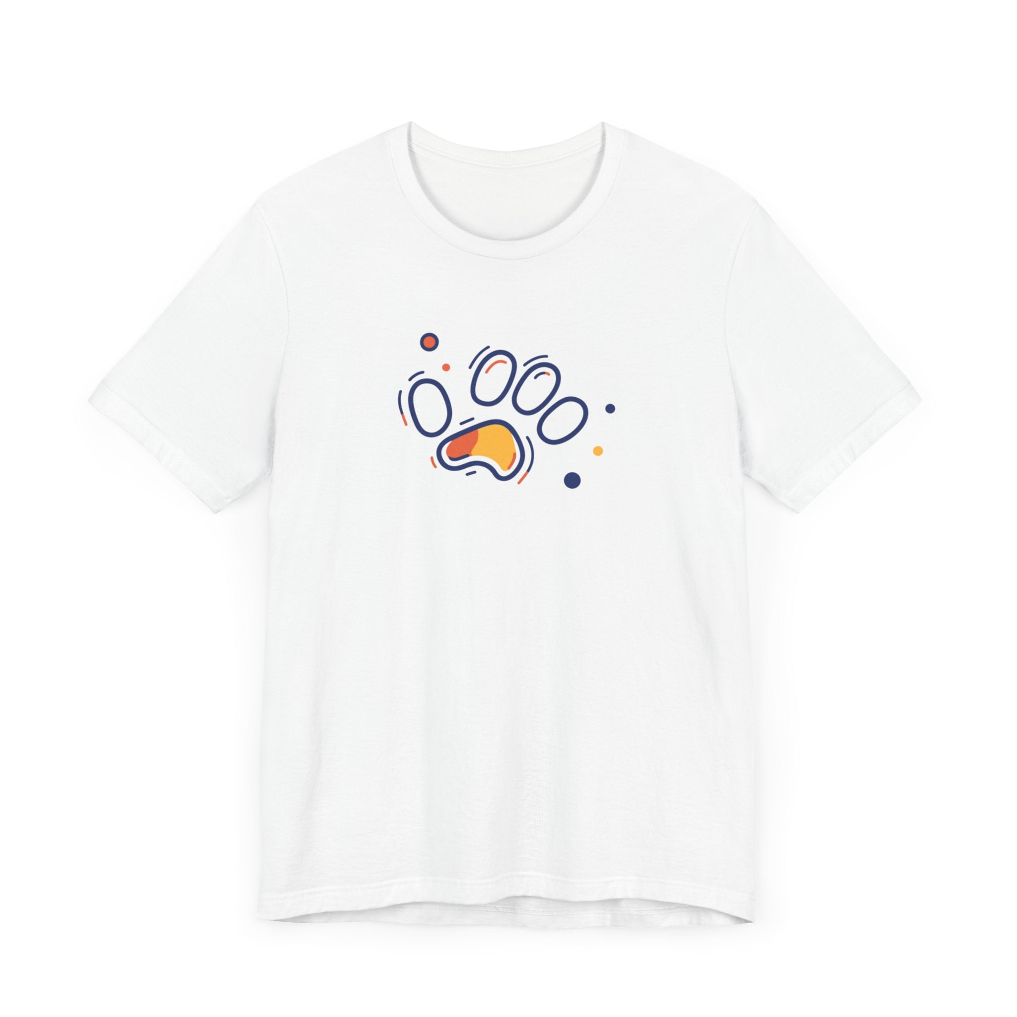 White t-shirt with minimalist colorful paw print design
