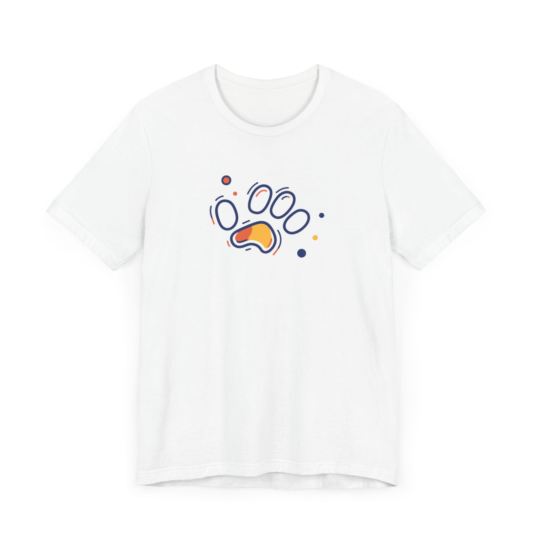 White t-shirt with minimalist colorful paw print design