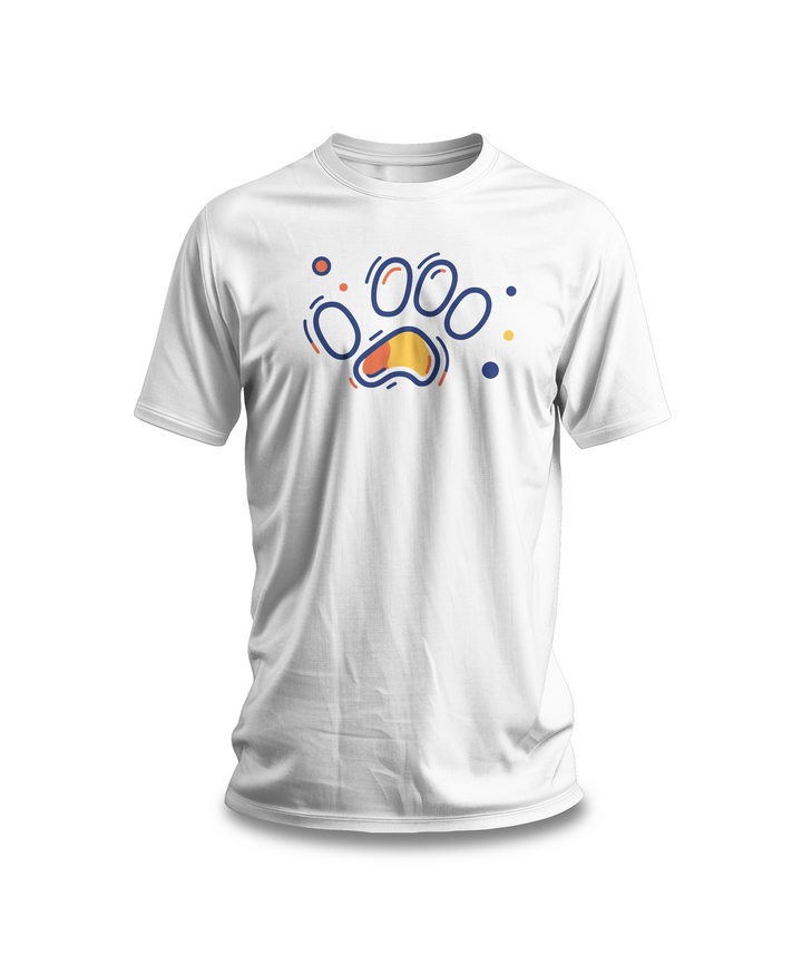 A white cotton t-shirt featuring a vibrant geometric paw print design in orange and navy tones, with abstract shapes.