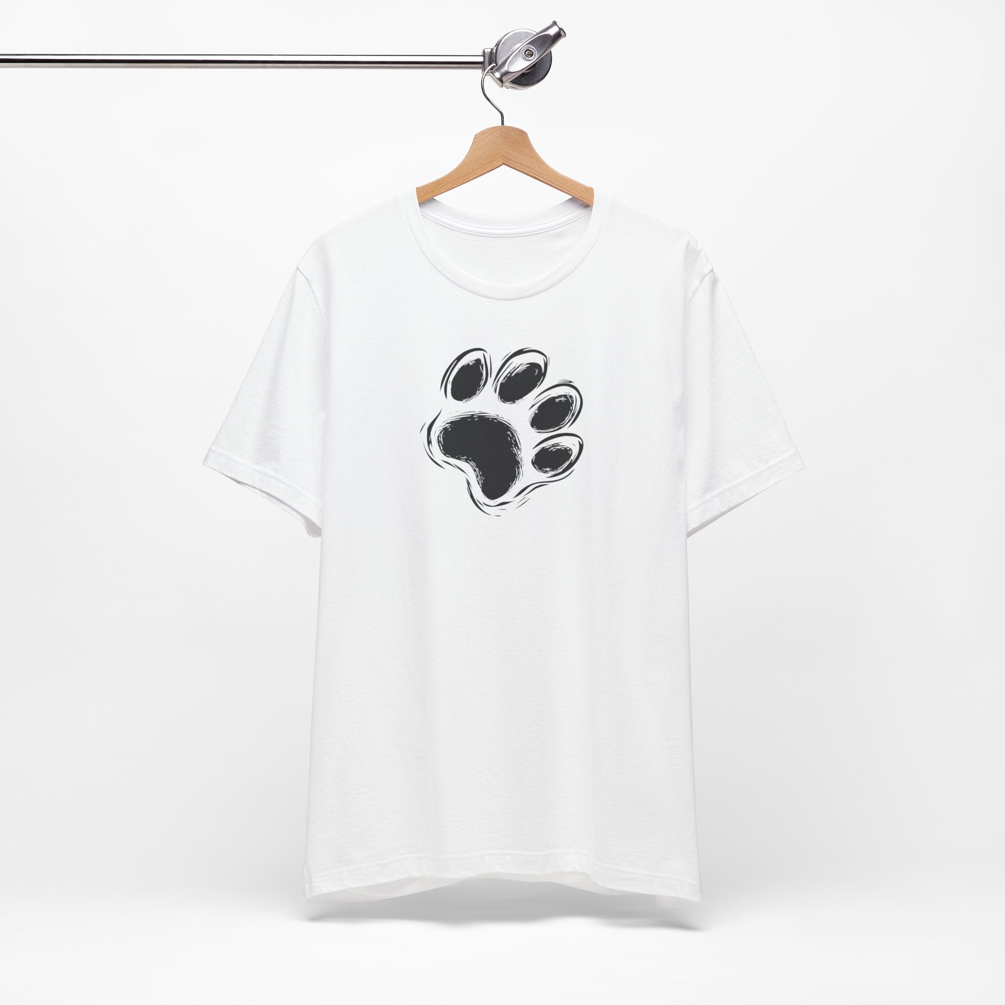 White t-shirt with black paw print minimalist design