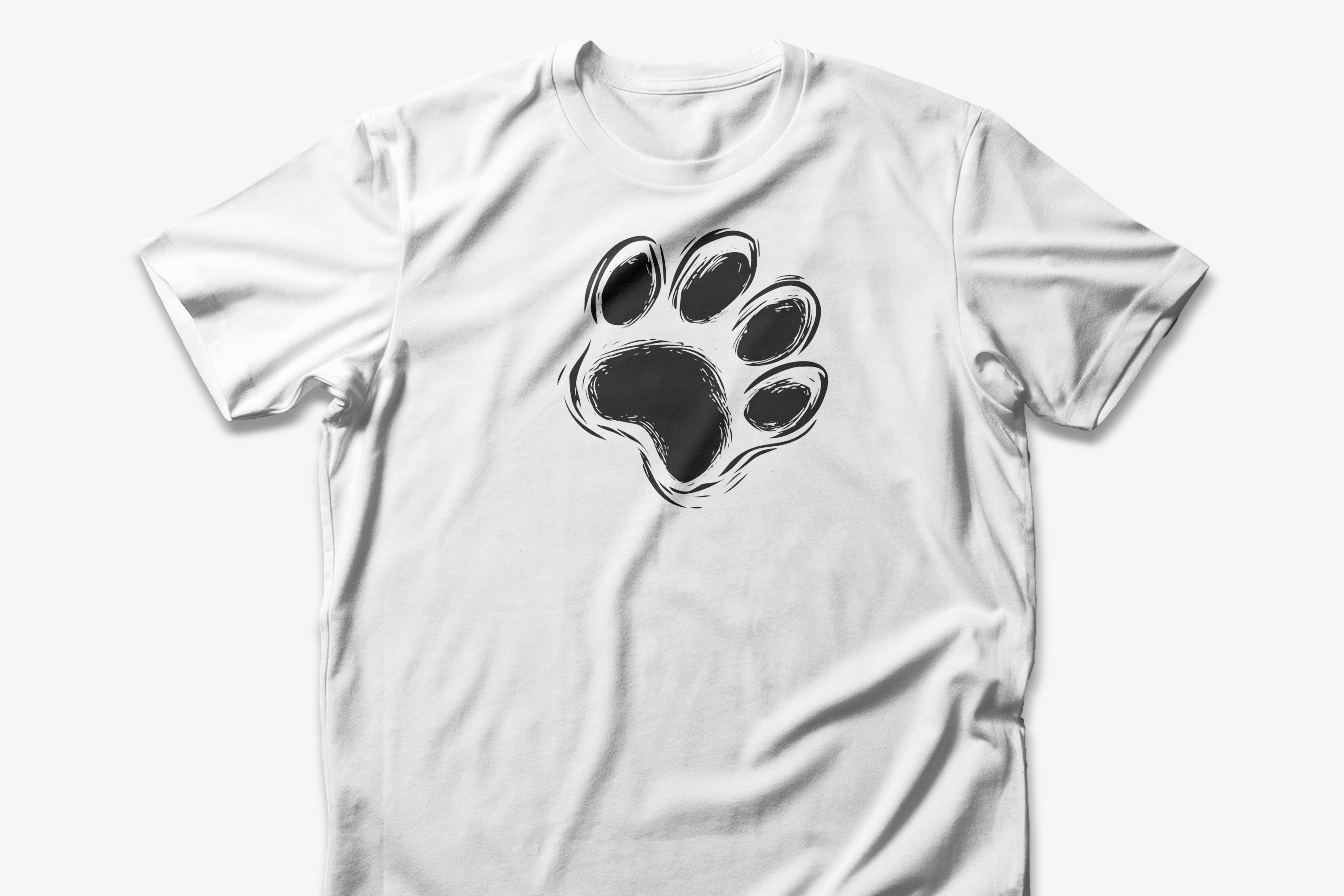 White t-shirt with black paw print minimalist design