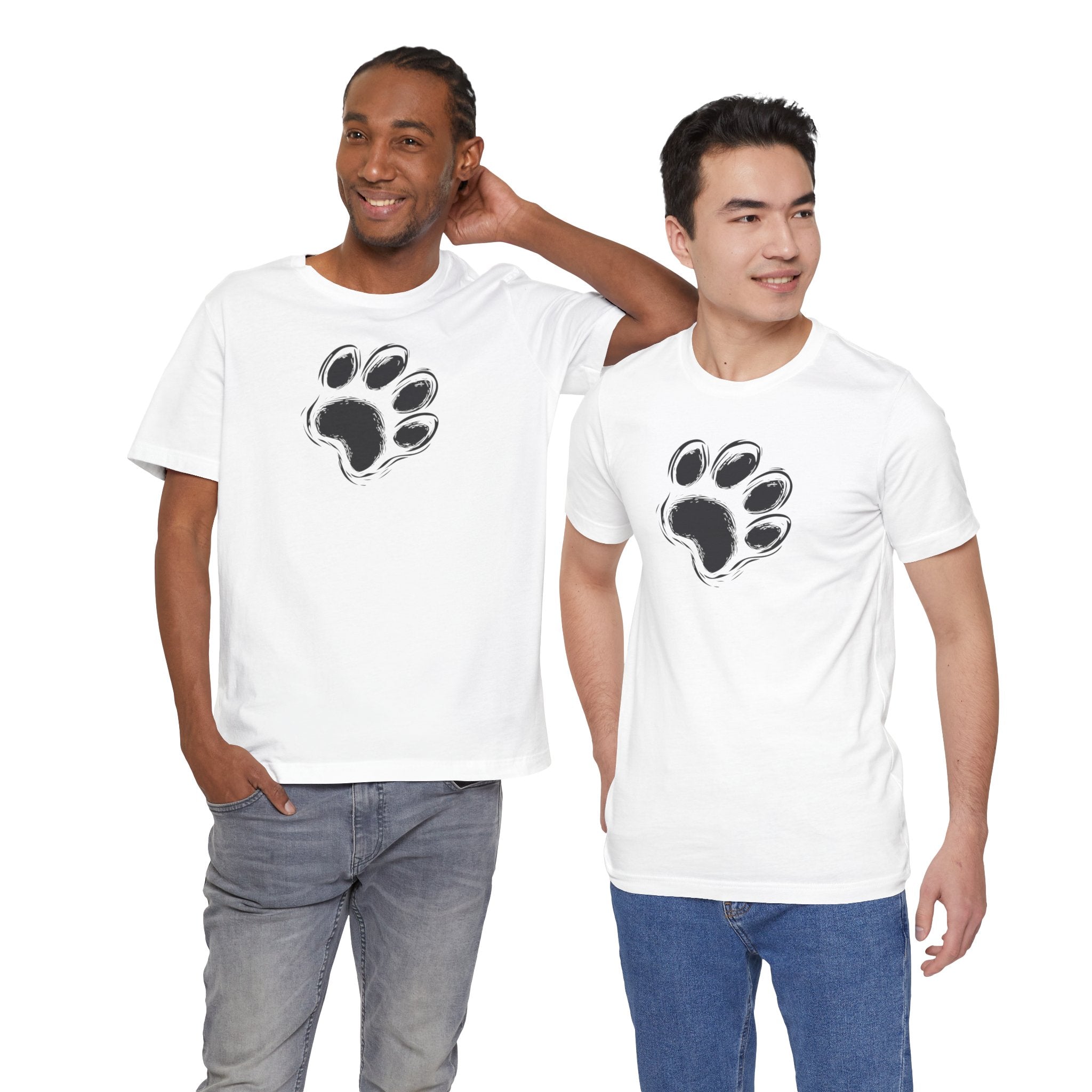 White t-shirt with black paw print minimalist design