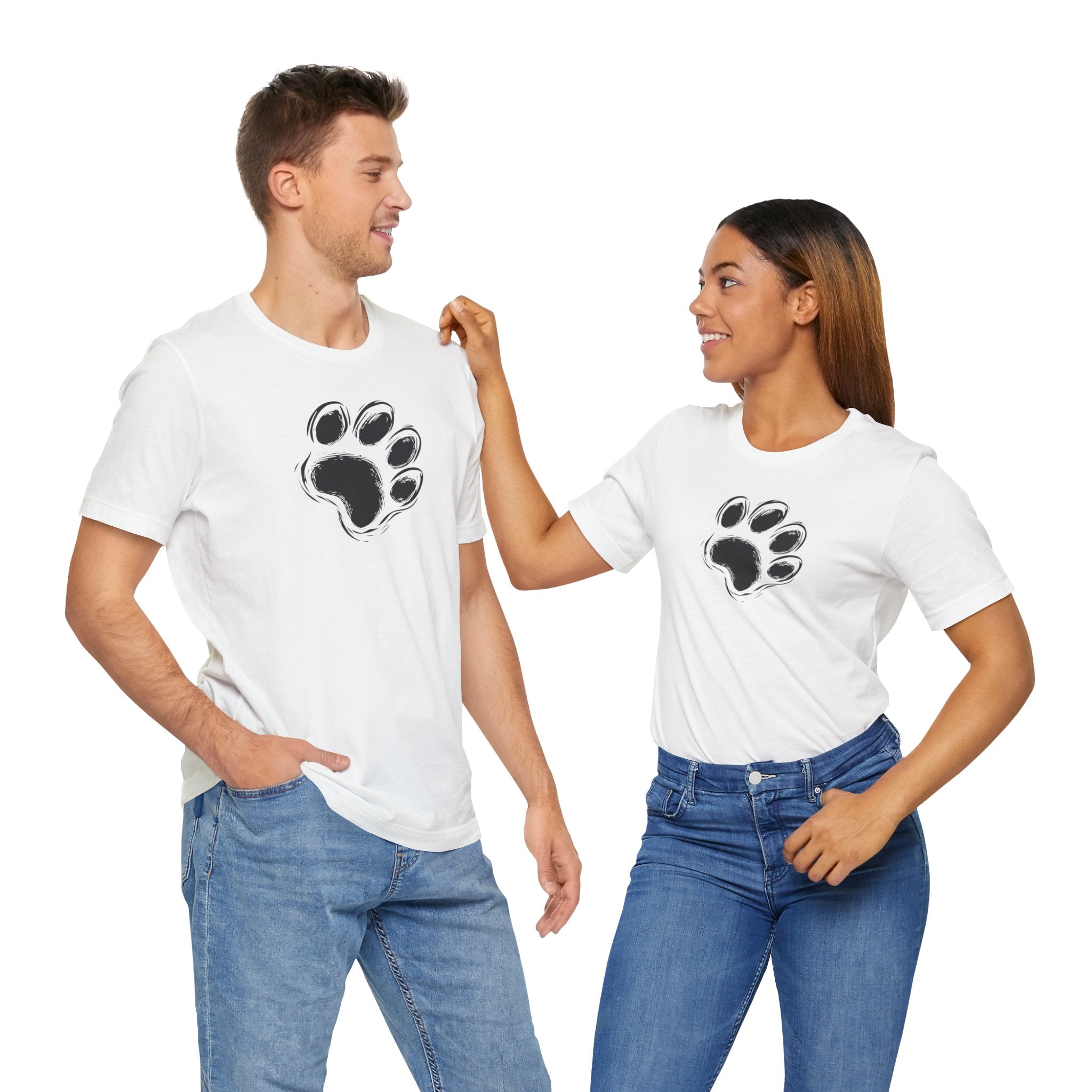 White t-shirt with black paw print minimalist design
