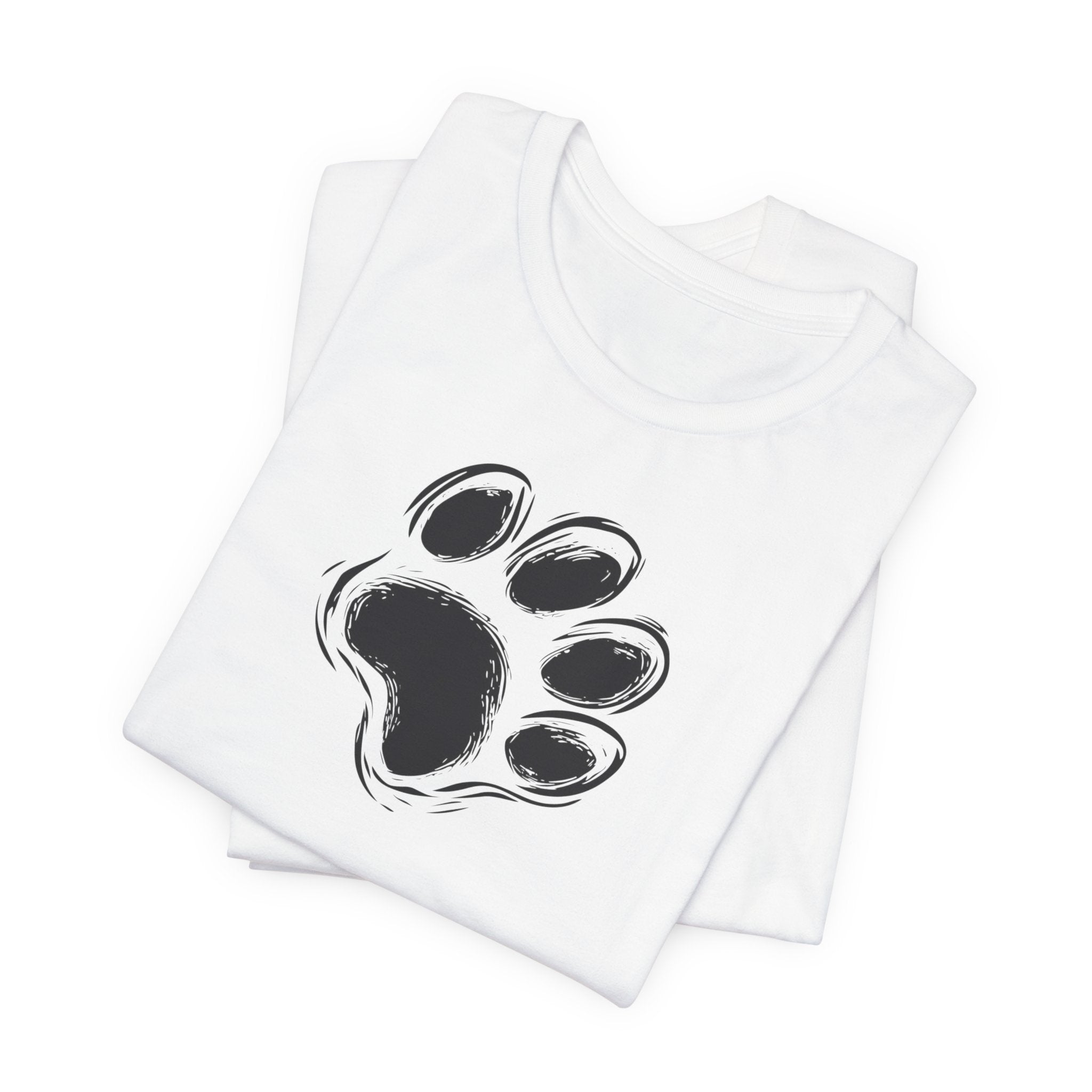 White t-shirt with black paw print minimalist design