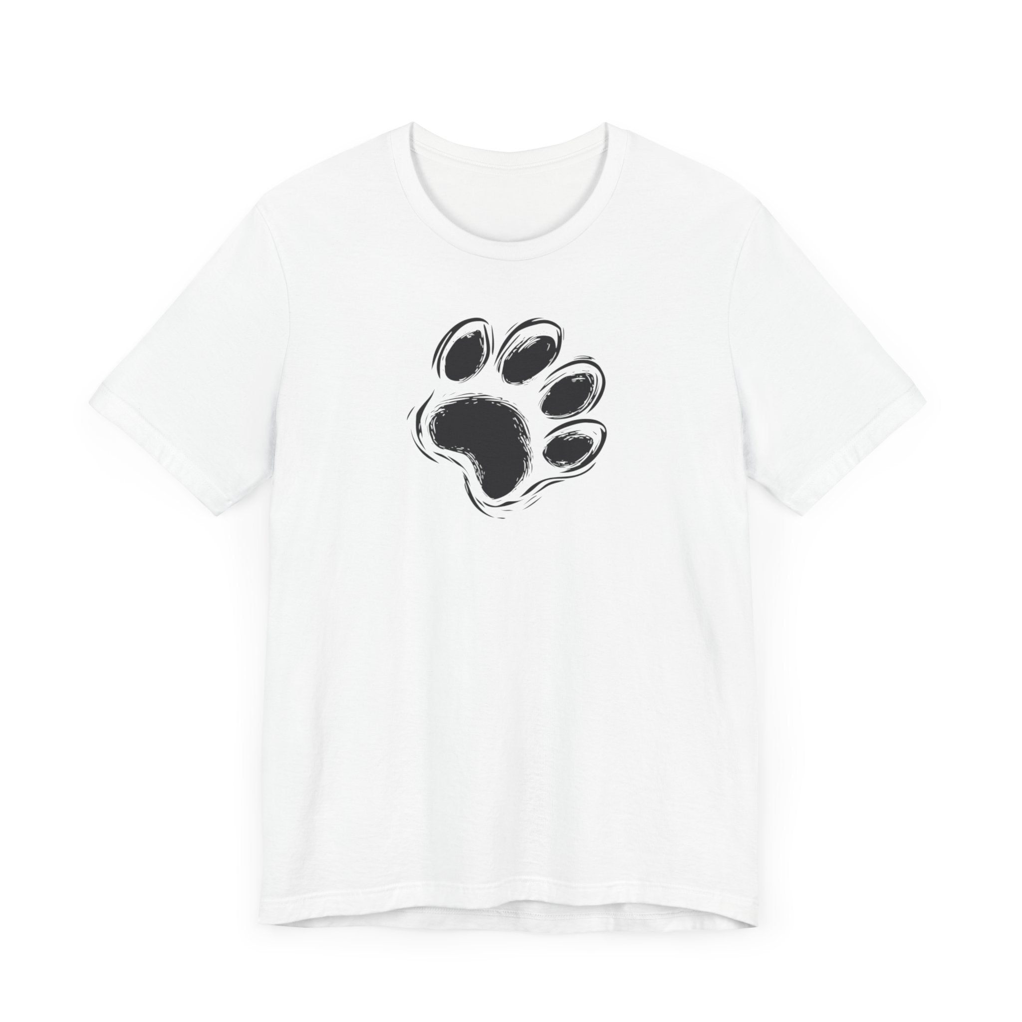White t-shirt with black paw print minimalist design