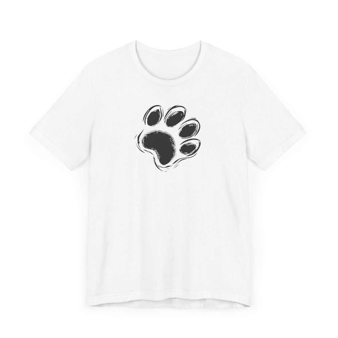 White t-shirt with black paw print minimalist design