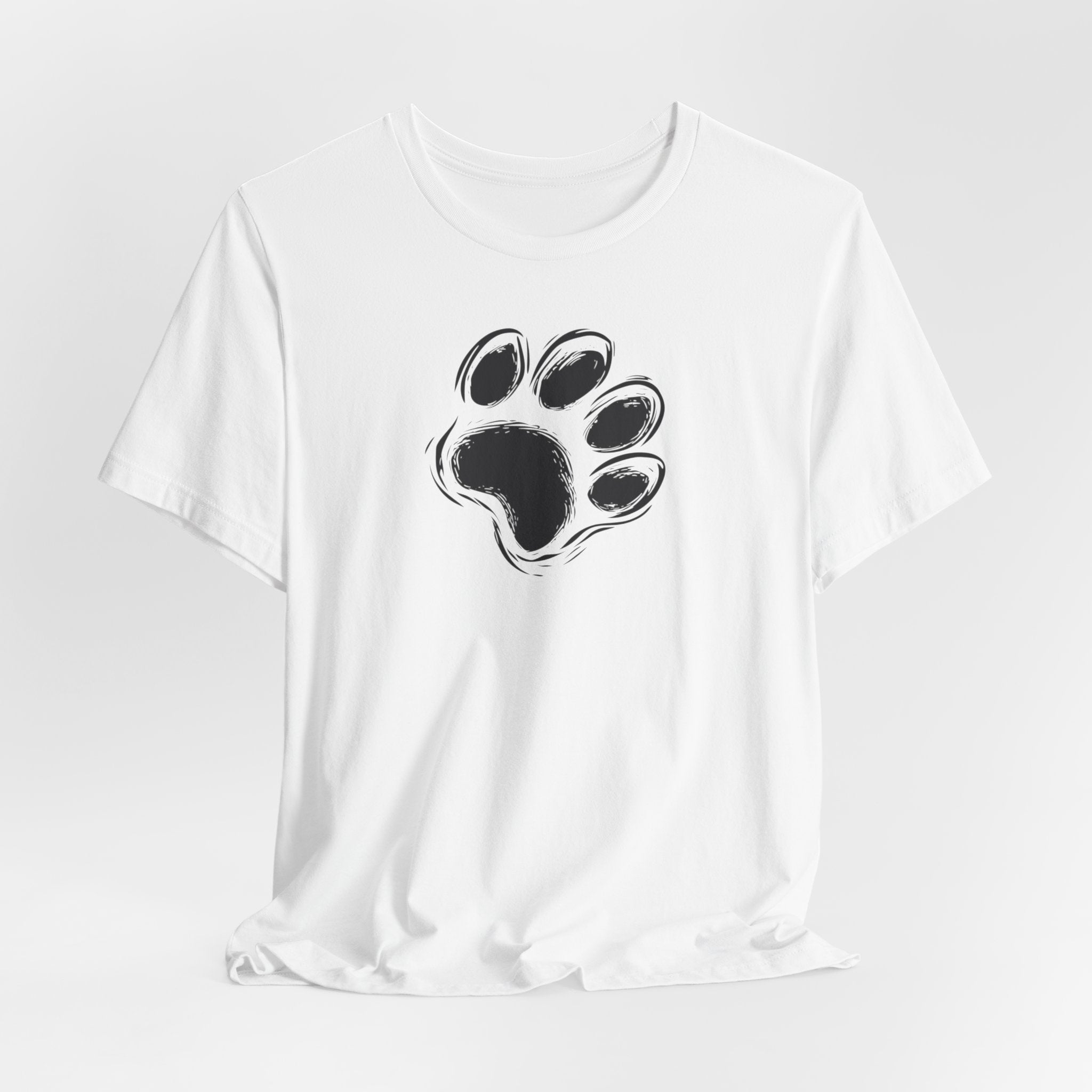 White t-shirt with black paw print minimalist design