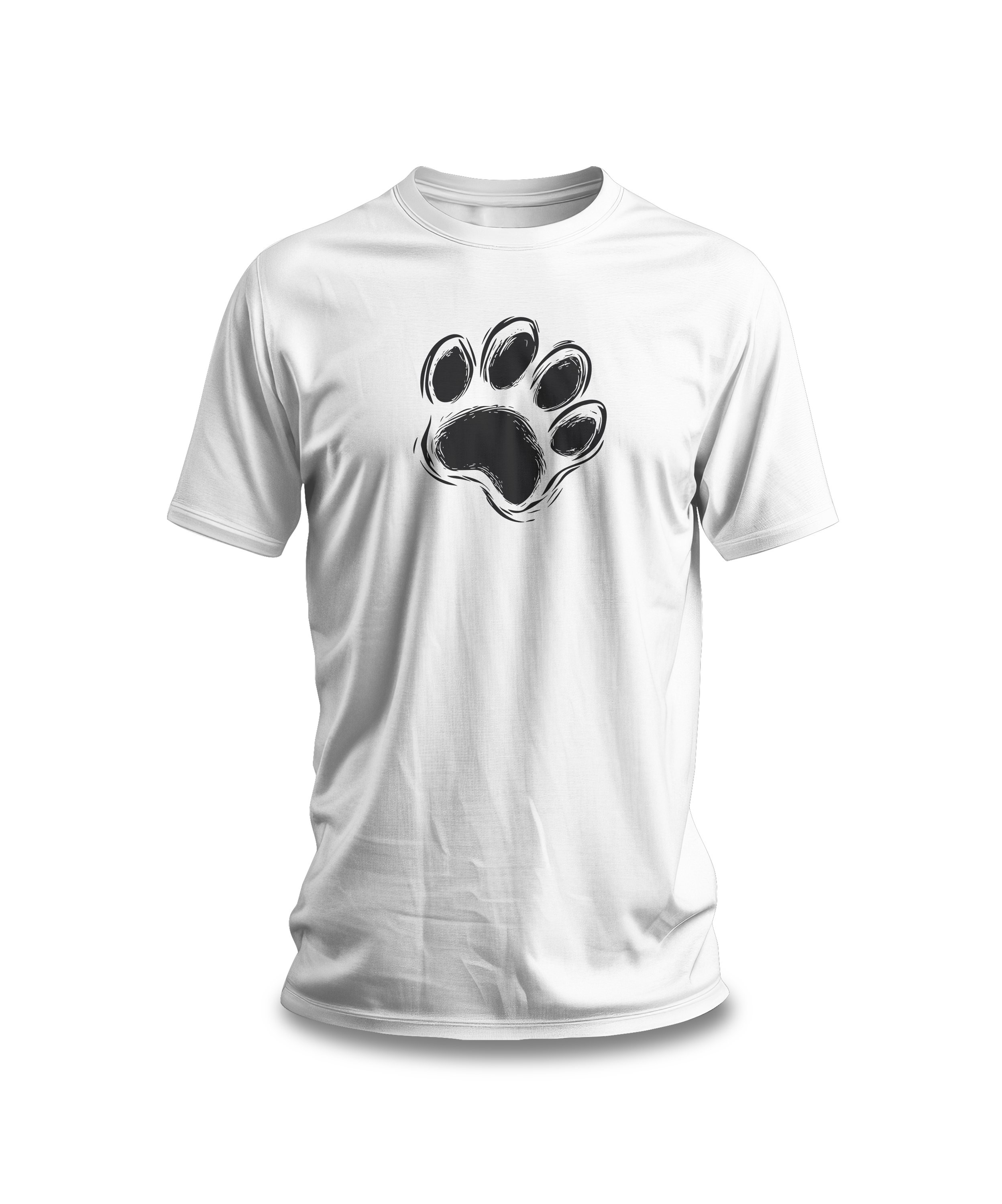 White t-shirt with black paw print minimalist design