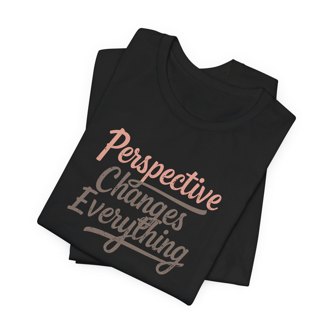 Flatlay of black cotton motivational T-shirt on white background