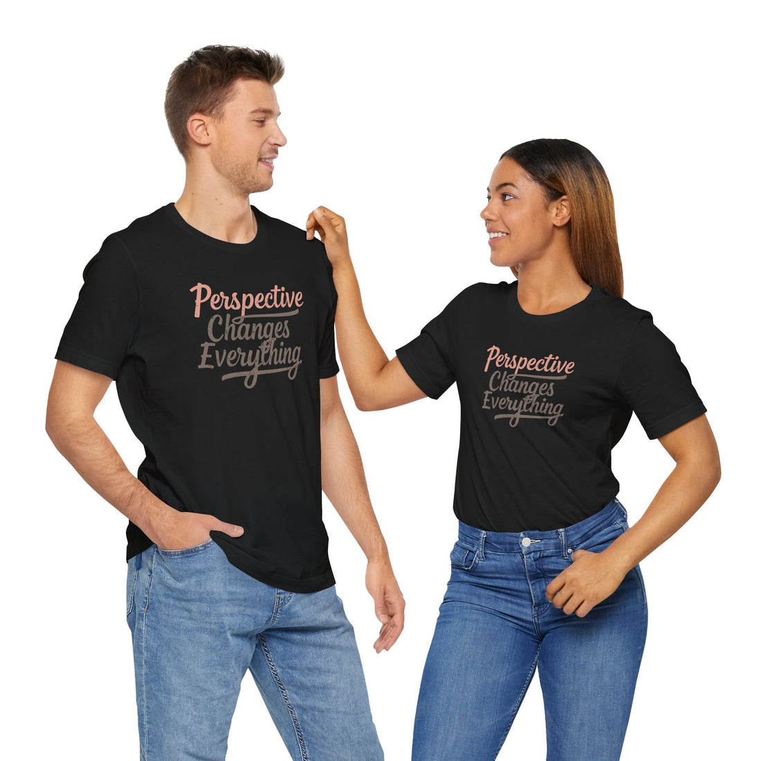 Unisex model woman in black motivational quote T-shirt, positive fashion