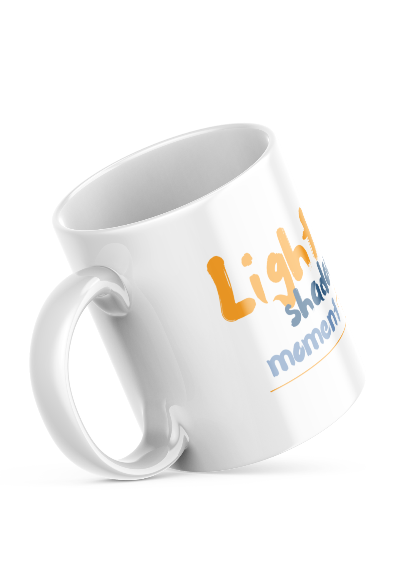 Two ceramic mugs, one with a colorful retro camera collage design and the text 'Light, Shadow, Moment!' The other mug is plain white with no design.