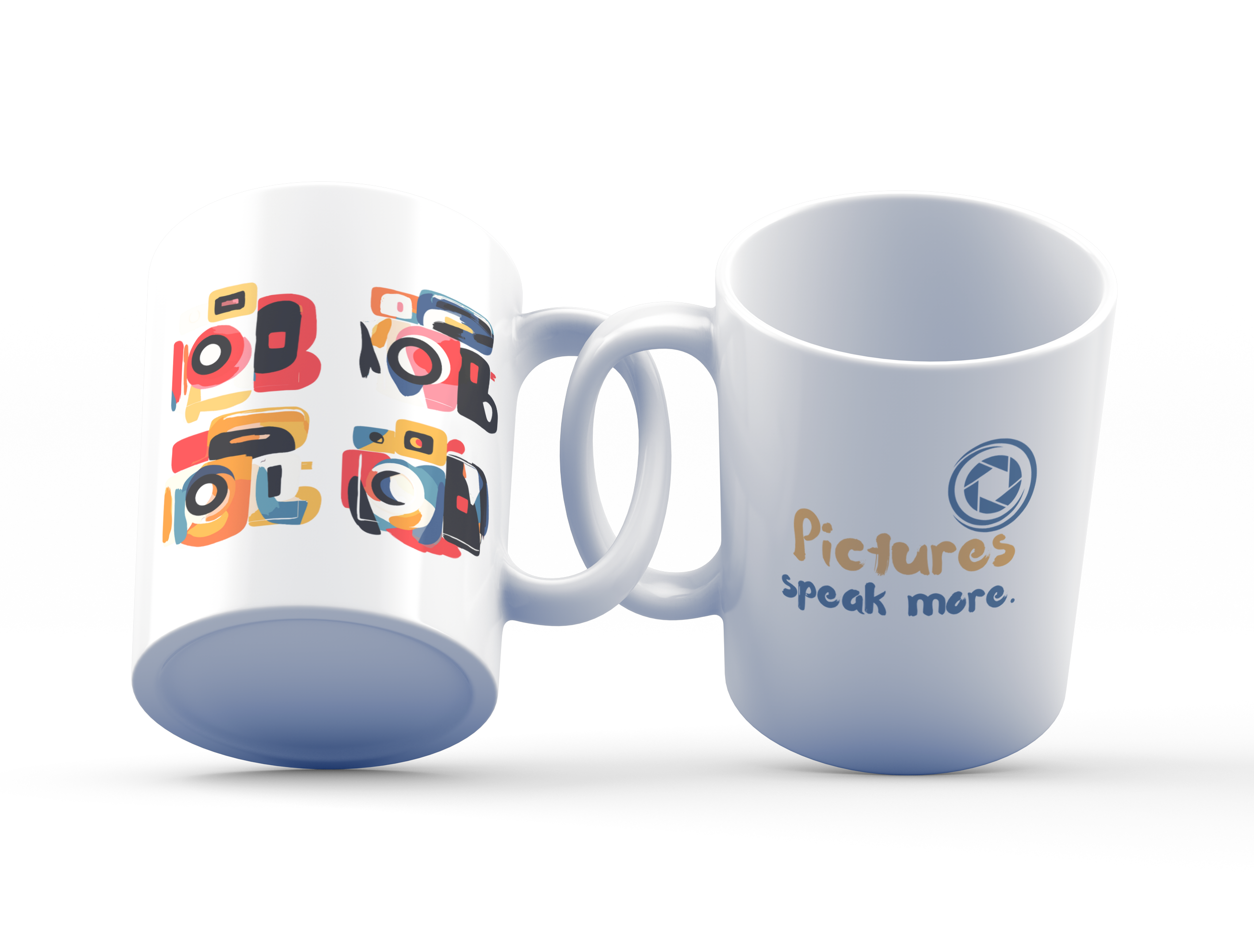 Two white ceramic mugs with colorful camera collage and text design. One mug displays a vibrant, full-color camera design, while the other has a plain design with the text 'Pictures Speak More'.