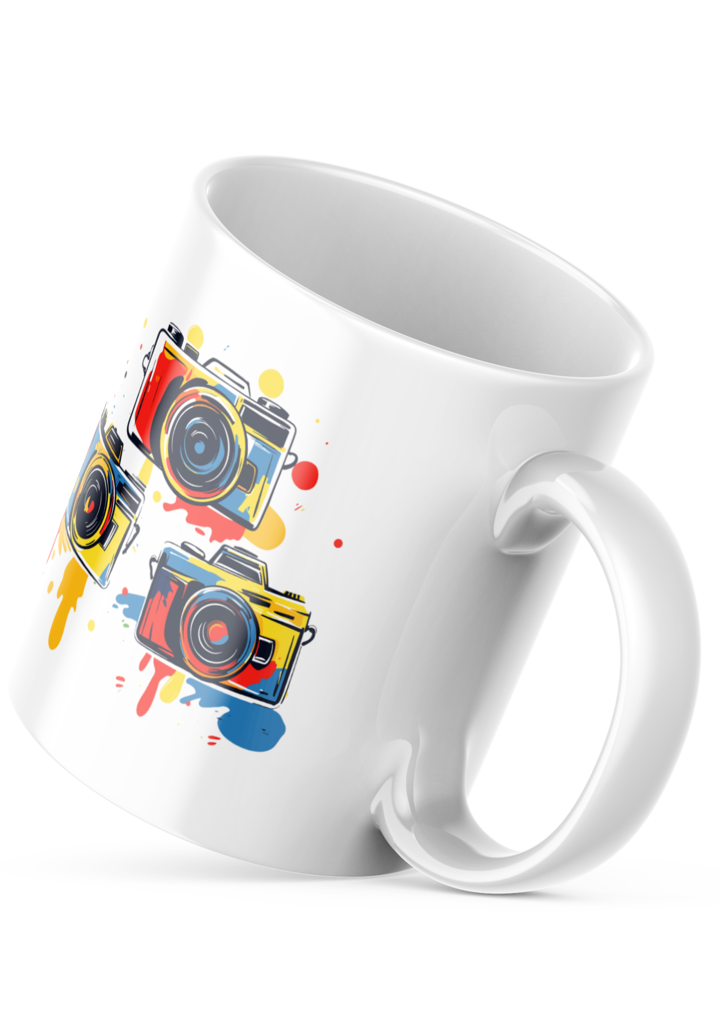 Colorful artistic camera mug with 'Light shadow moment' quote, a vibrant 11oz coffee cup gift for photographers and artists.