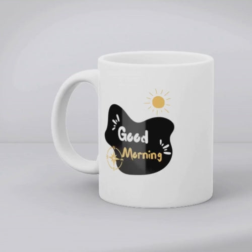 Two ceramic mugs, one with a mountain design and the other with a 'Good Morning' message and a sun illustration.