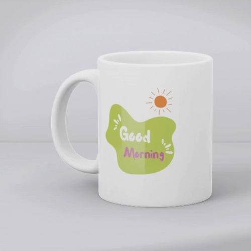 Reverse side of camping mug with "Good Morning" text and sun design – ceramic coffee cup