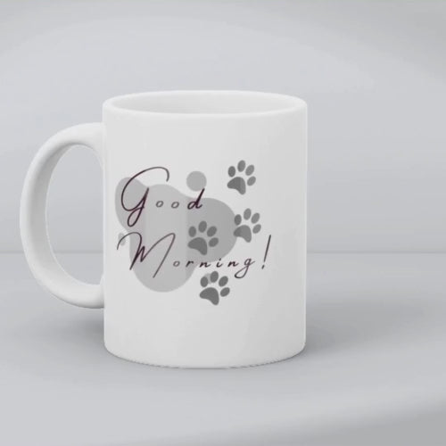 Cute Good Morning cat mug 11oz with a funny cat face and paw prints, a perfect gift for cat lovers and cat moms.
