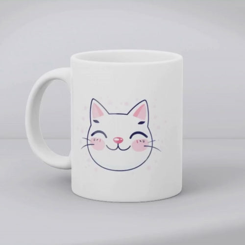 A set of two ceramic mugs, one with a cat face design and the other with a paw print pattern, both in pastel colors.