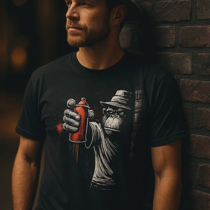 Black graffiti monkey t-shirt with red spray paint graphic