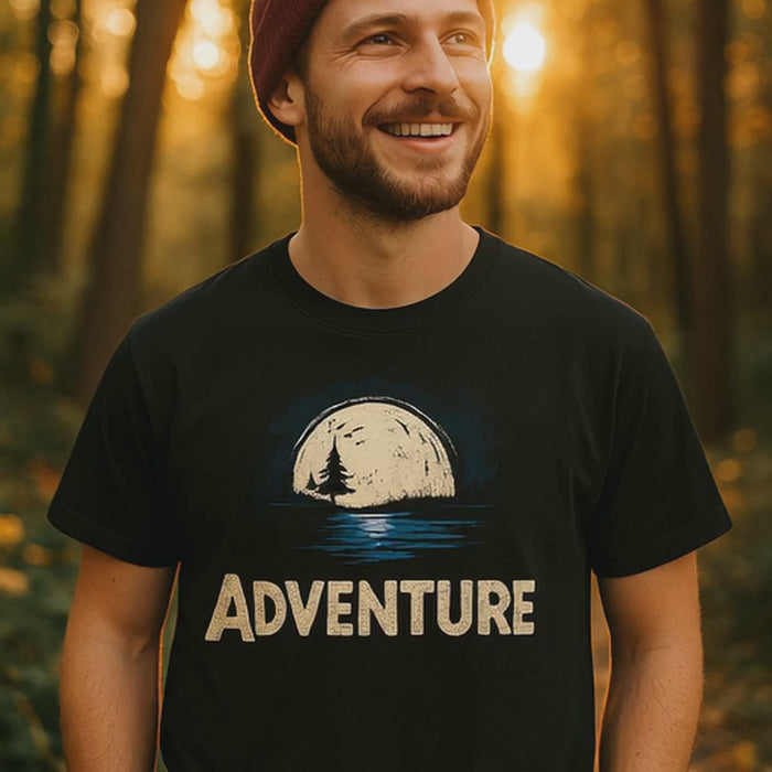 Adventure T-Shirt with full moon and lake reflection graphic