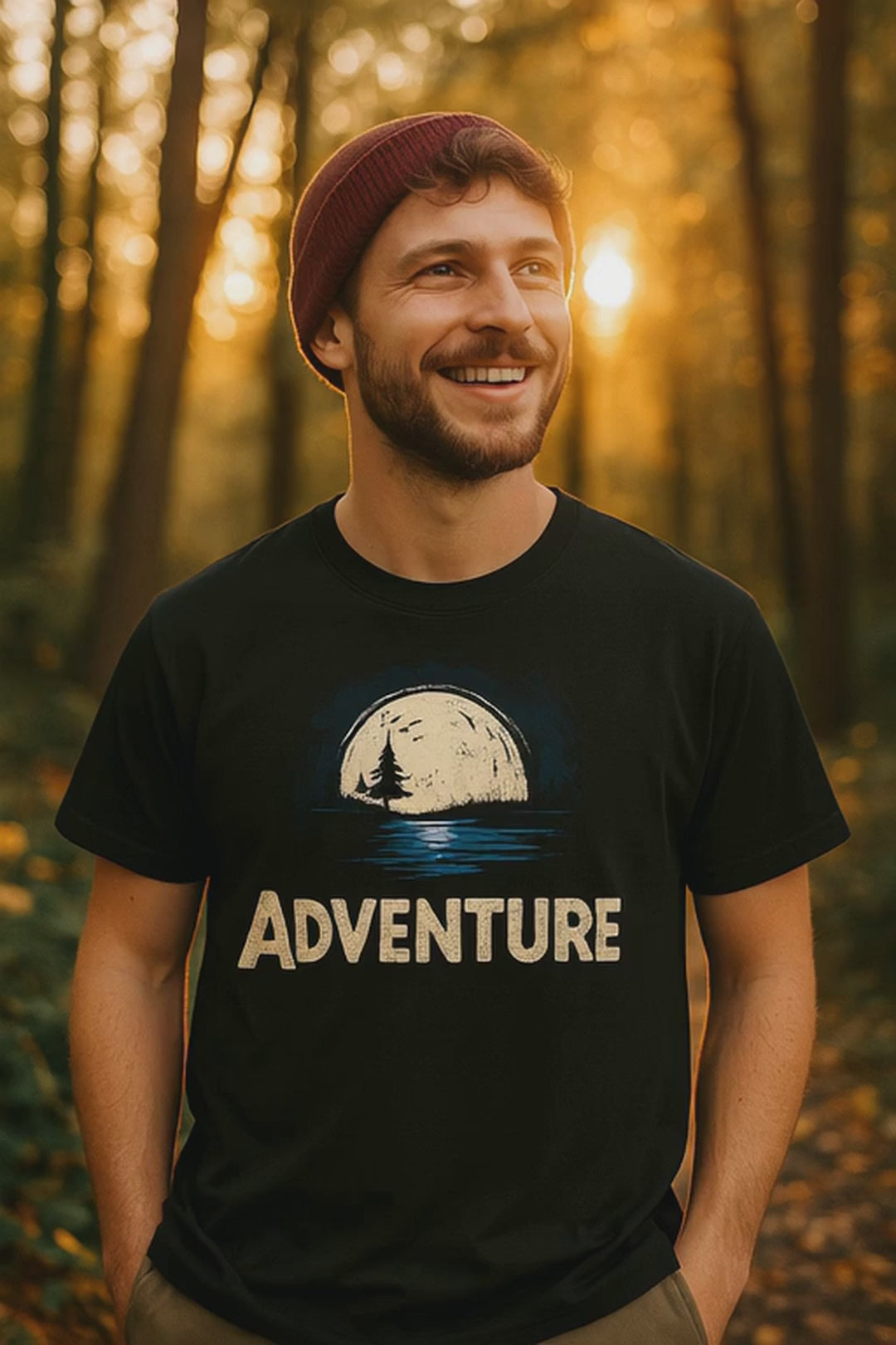 Adventure T-Shirt with full moon and lake reflection graphic