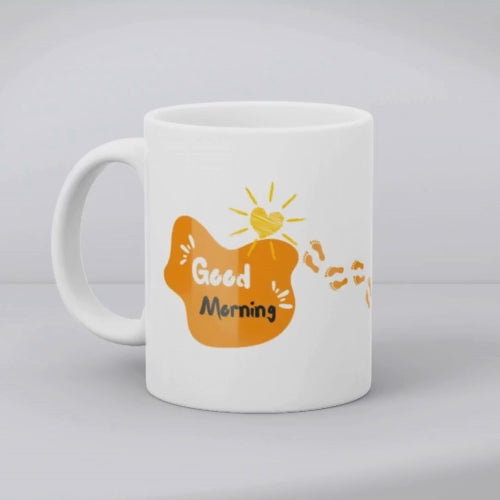 Good Morning adventure mug with a mountain sunrise illustration, an 11oz ceramic coffee cup gift for hikers and nature lovers.
