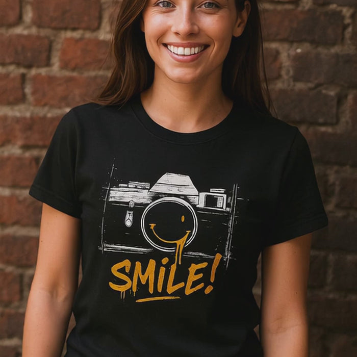 Black photography t-shirt with camera and Smile text design