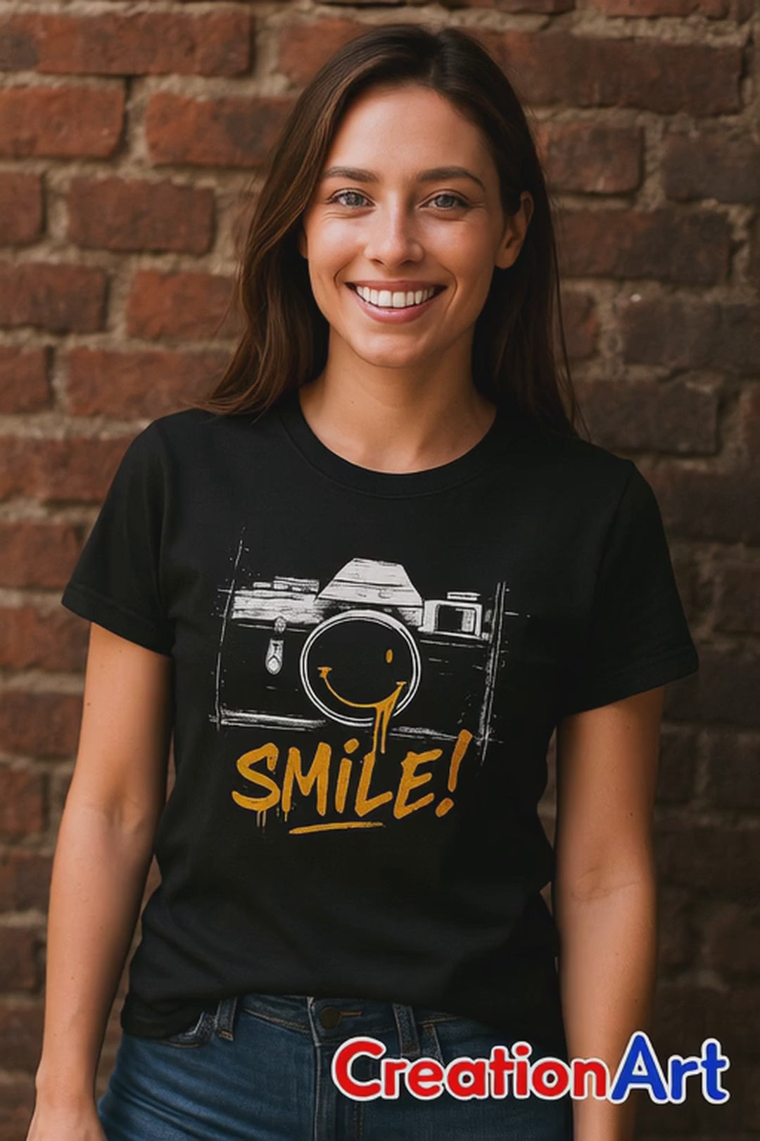 Black photography t-shirt with camera and Smile text design