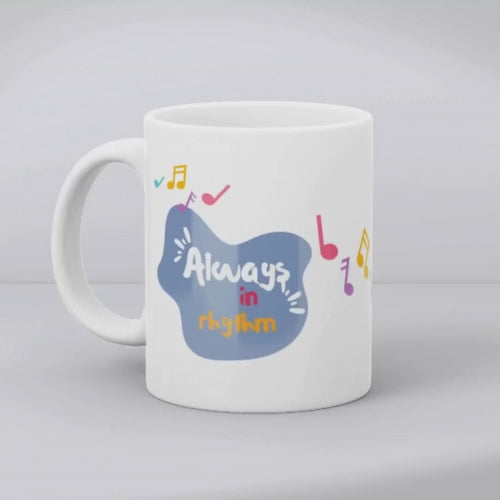 Always in Rhythm mug with colourful headphones design