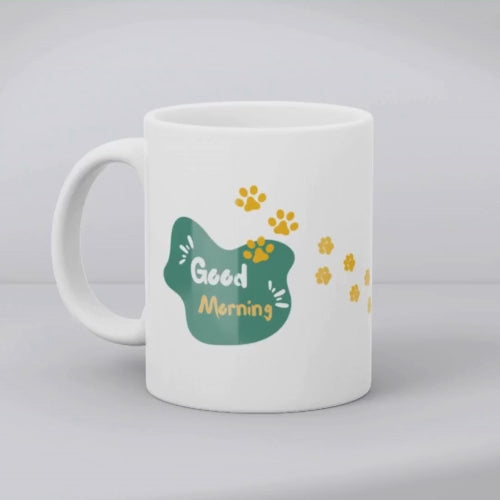Colourful cat coffee mug with Good Morning text