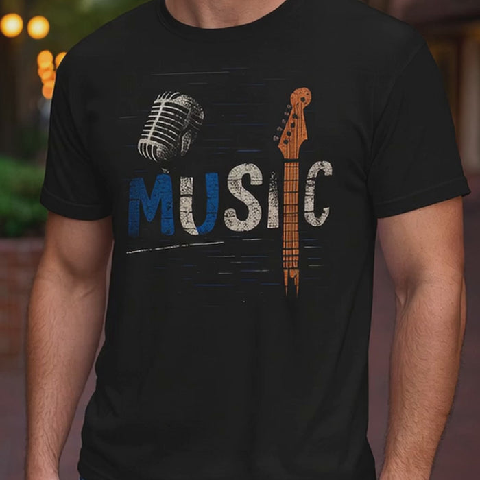 Music T-Shirt with microphone and guitar neck graphic