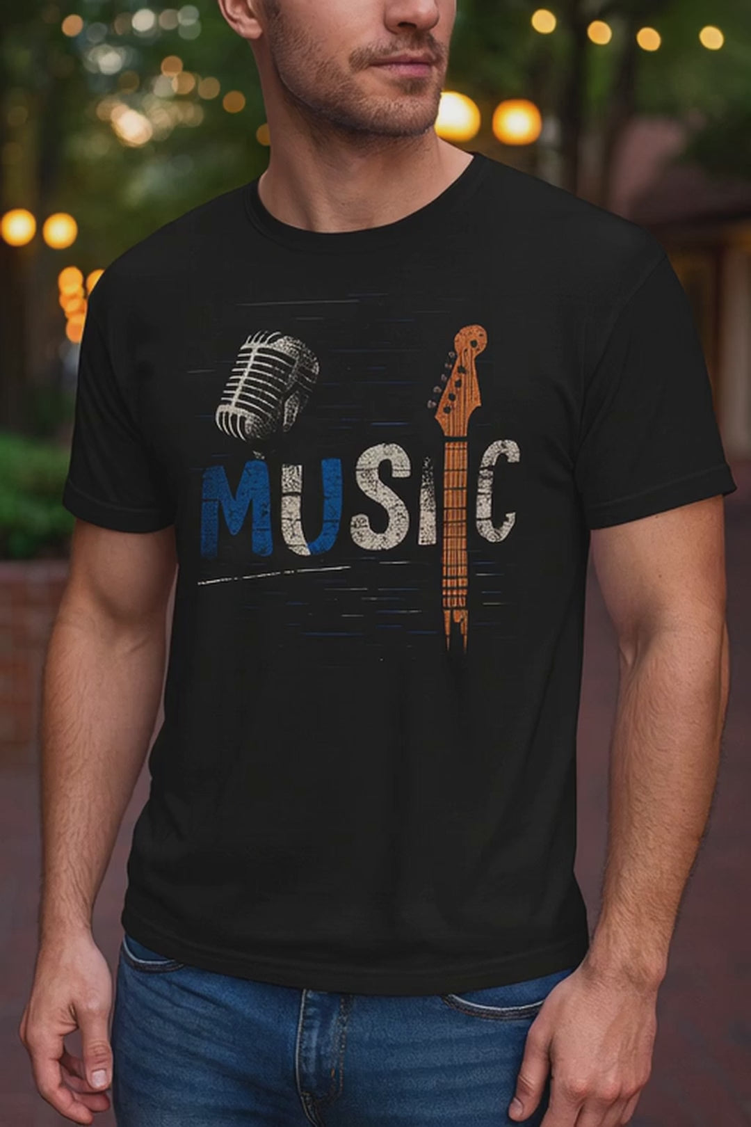 Music T-Shirt with microphone and guitar neck graphic