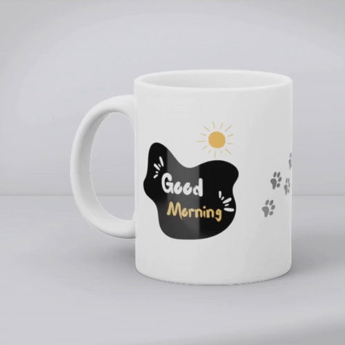 Good Morning mug with minimalist animal drawing and sun design