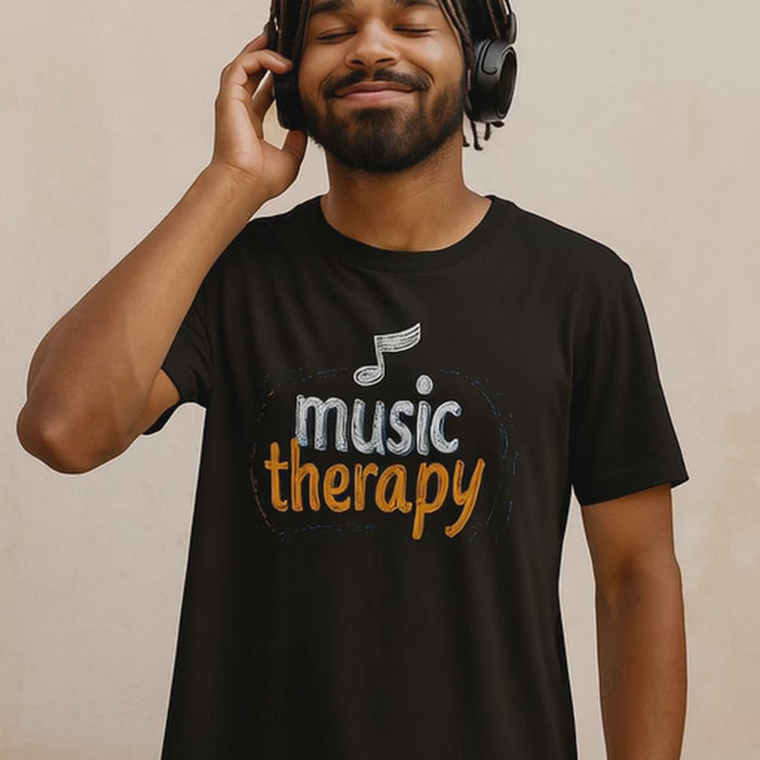 Music Therapy T-Shirt with musical note graphic – unisex cotton black tee UK