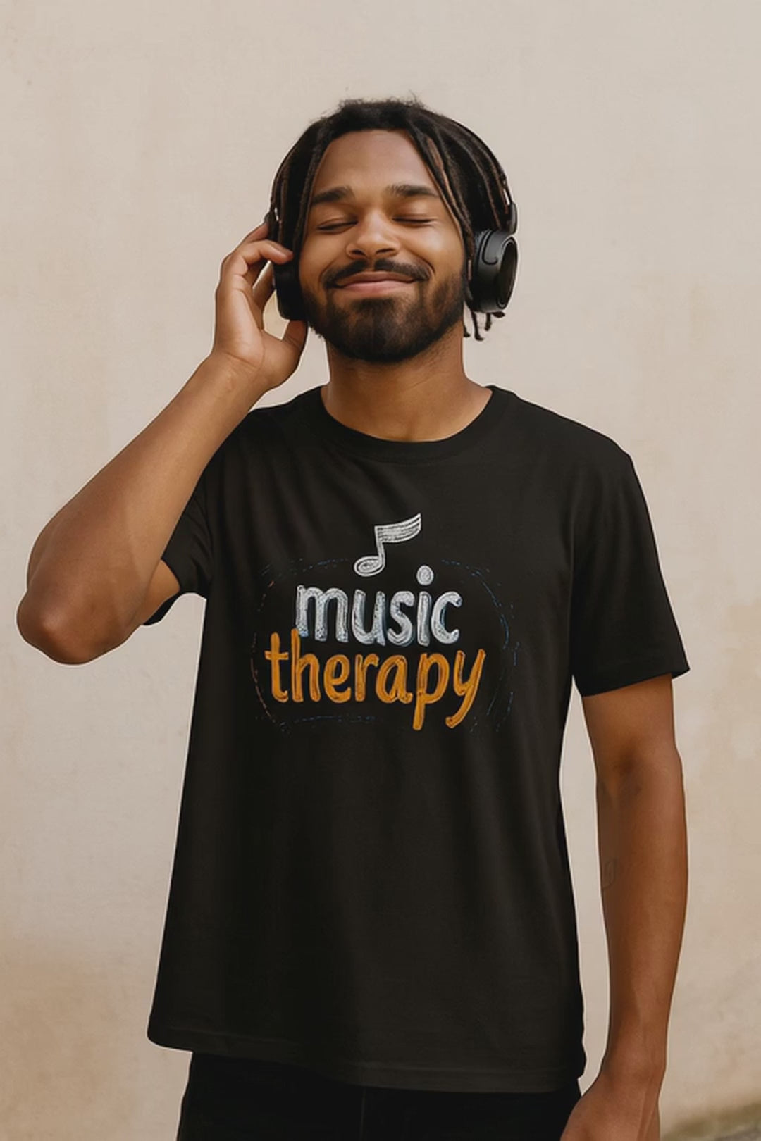 Music Therapy T-Shirt with musical note graphic – unisex cotton black tee UK