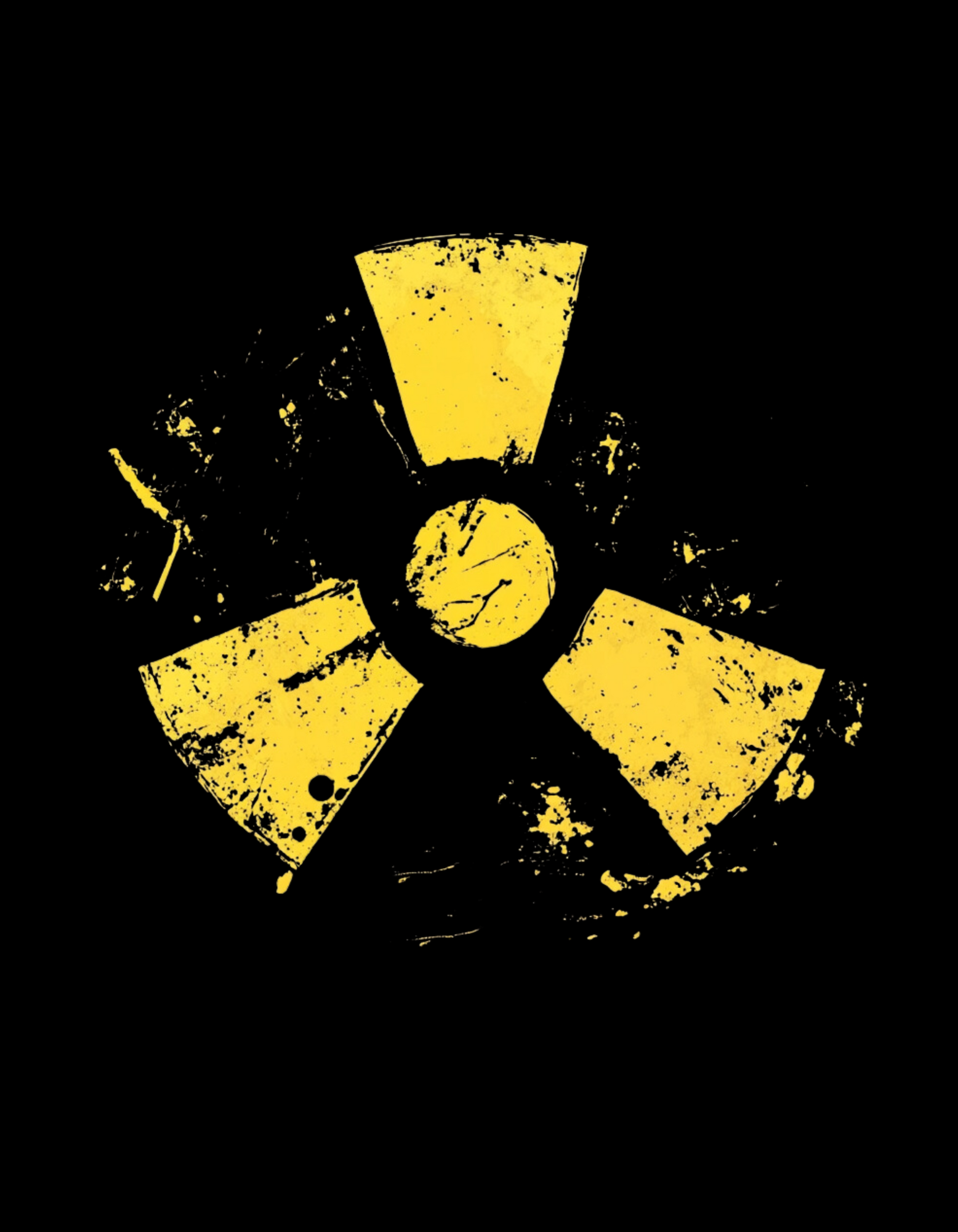 A black cotton tee with a grunge yellow hazard design of a radiation symbol on the front.