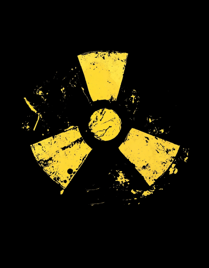 A black cotton tee with a grunge yellow hazard design of a radiation symbol on the front.