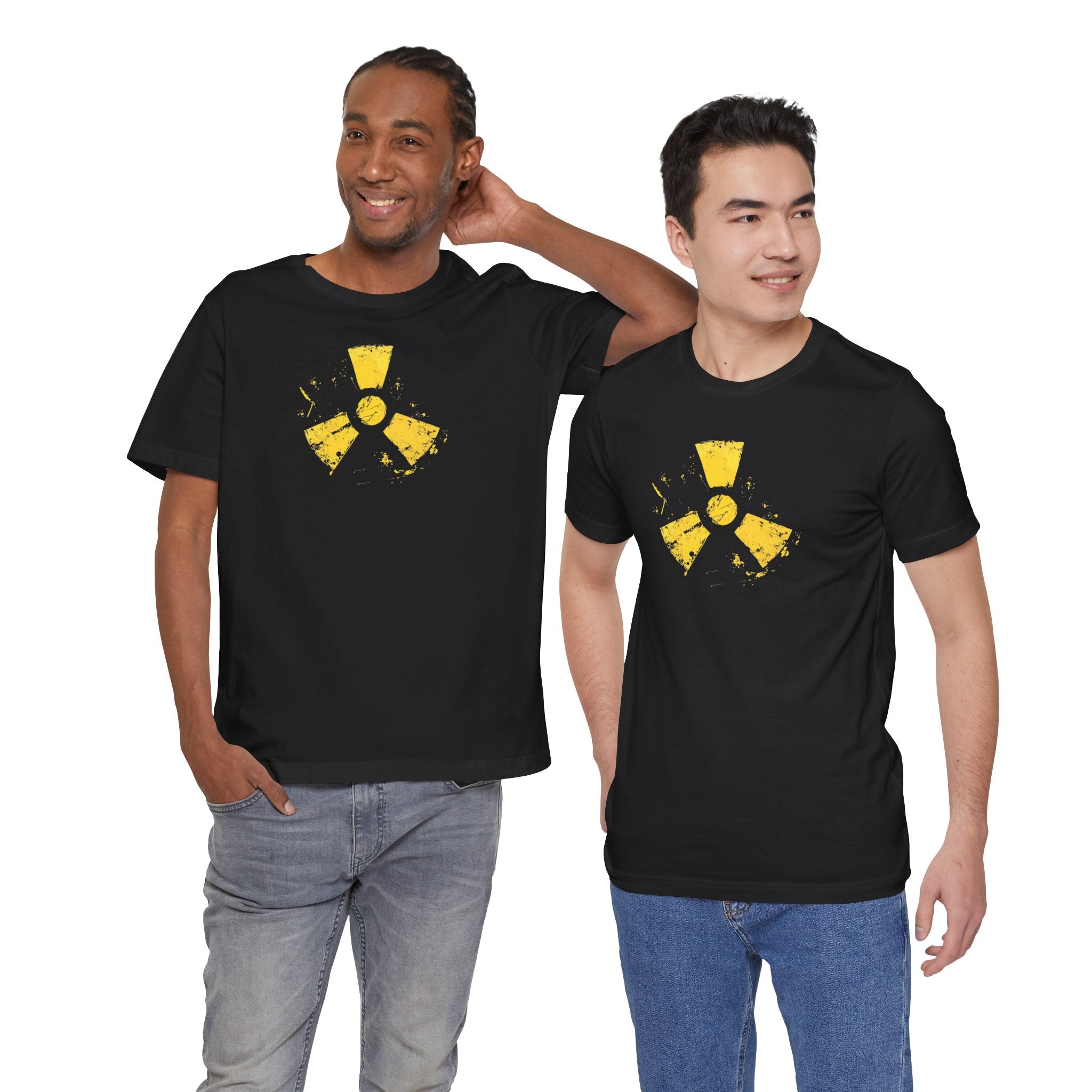 A black cotton tee with a grunge yellow hazard design of a radiation symbol on the front.