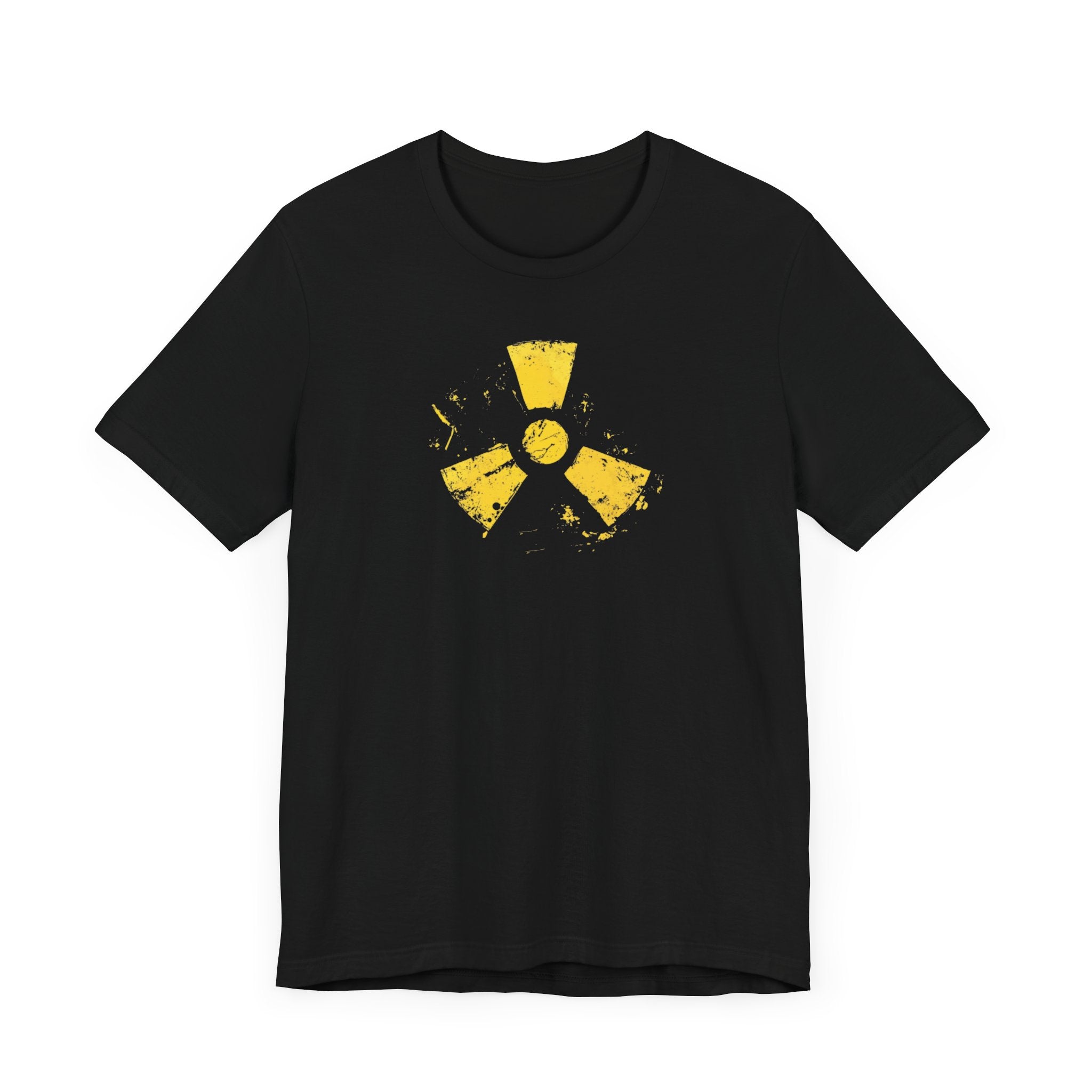 A black cotton tee with a grunge yellow hazard design of a radiation symbol on the front.