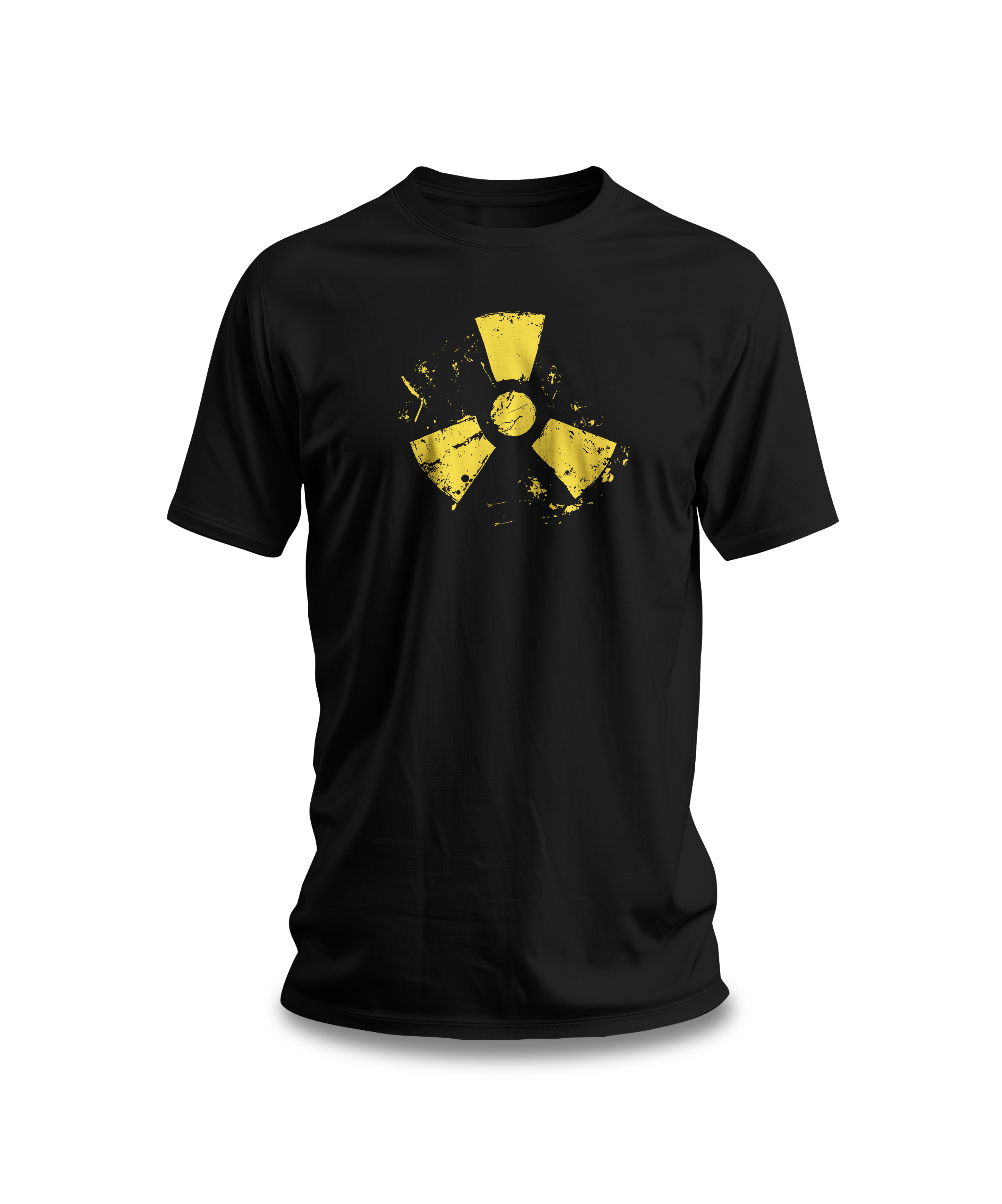 A black cotton tee with a grunge yellow hazard design of a radiation symbol on the front.