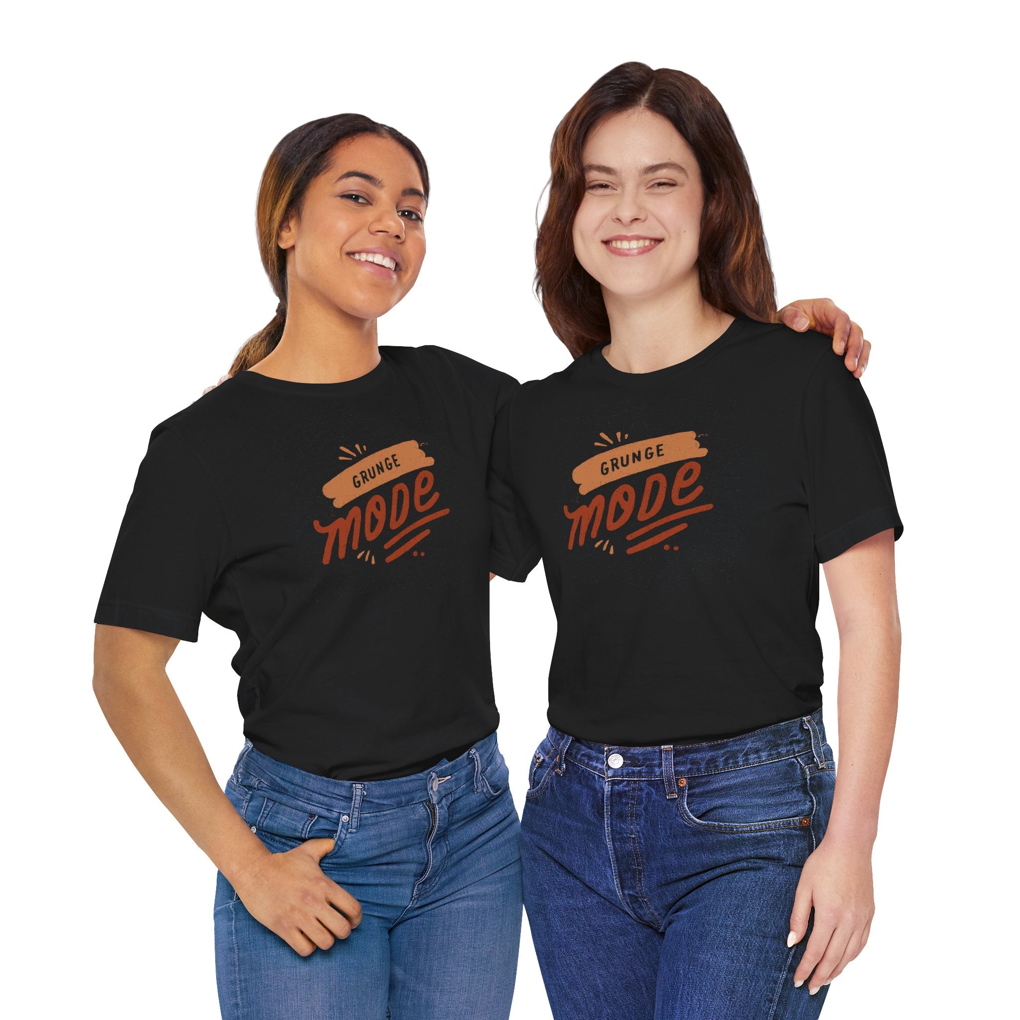 Two people wearing black t-shirts with 'No Grunge Mode' text on a white background