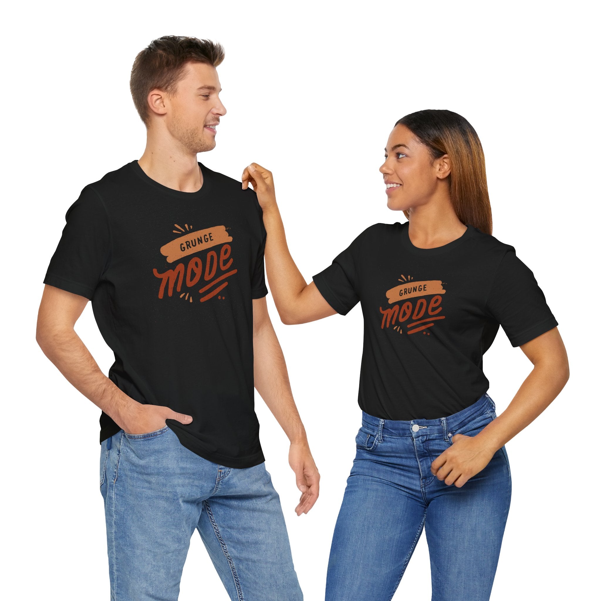 Two people wearing black t-shirts with 'Grunge Mode' text on a white background