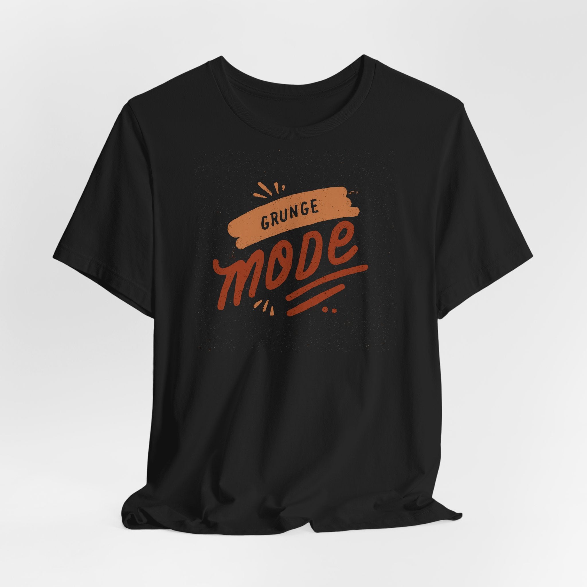 Black t-shirt with 'Grunge Mode' text in orange on a white background