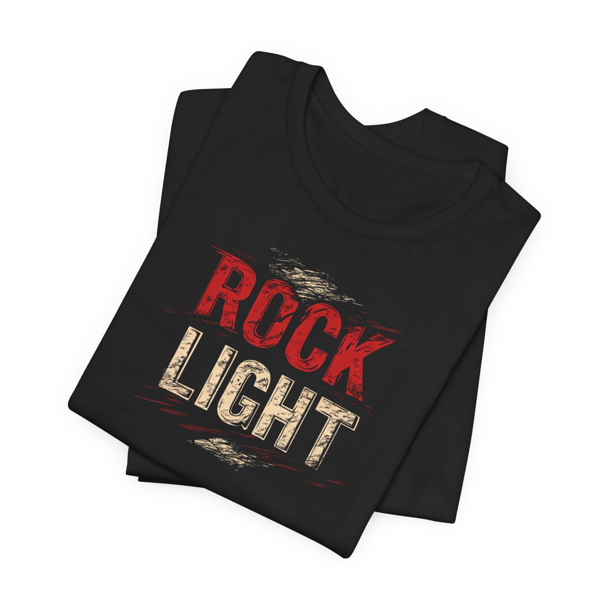  Model wearing Rock Light T-Shirt, vintage music slogan, casual style