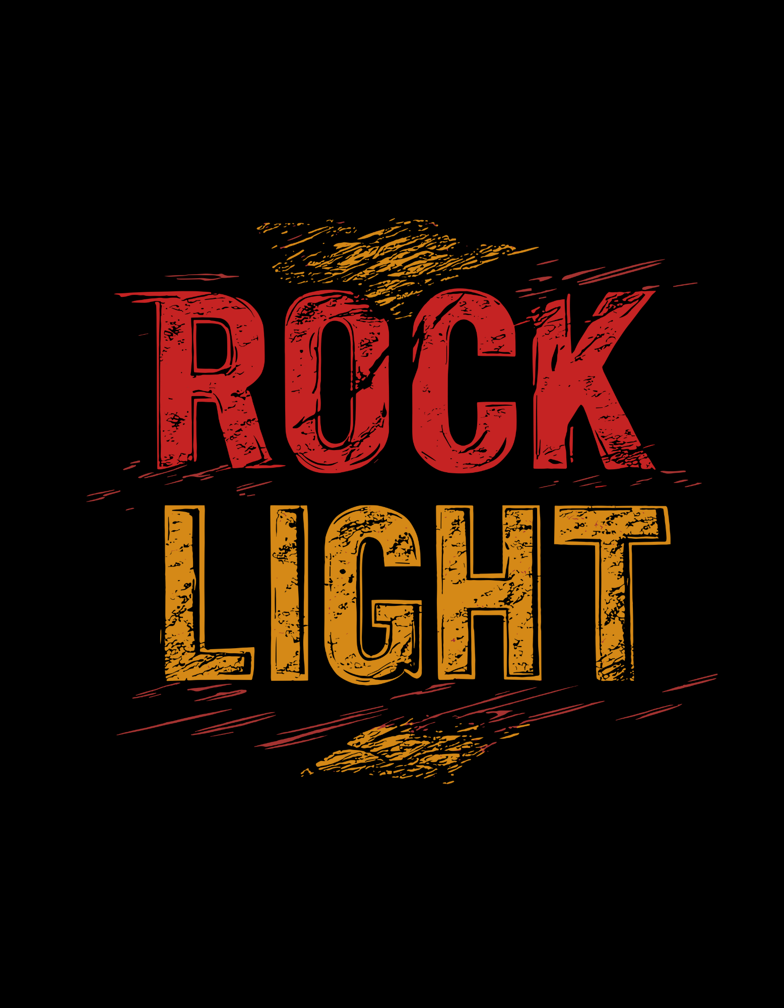 Closeup of distressed red and gold Rock Light print on black cotton tee