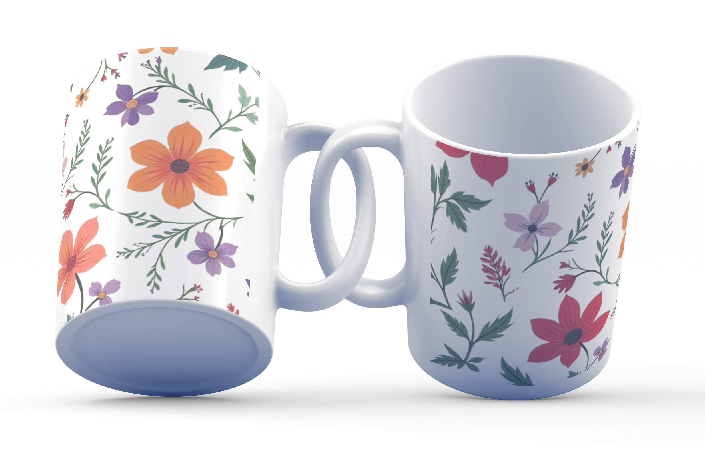 Two ceramic mugs with a colorful floral pattern, one with a full view and the other showing a side profile, against a white background.