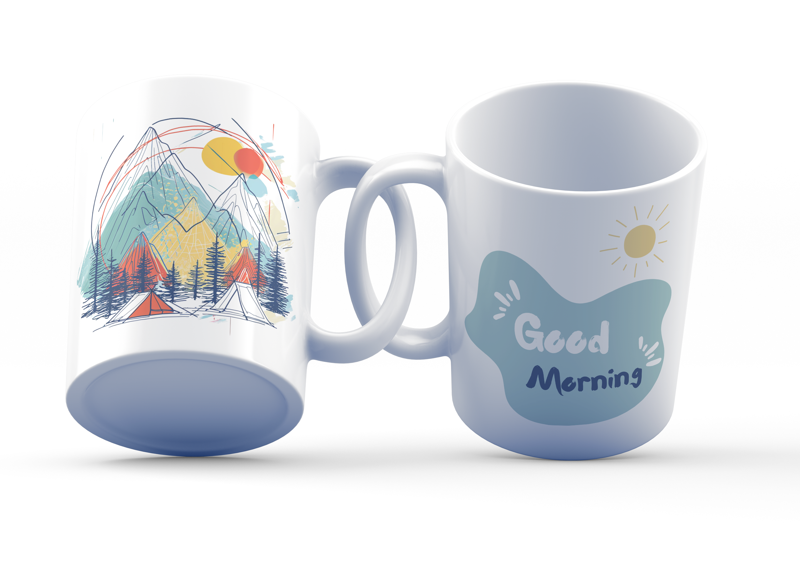A white ceramic coffee cup with a scenic mountain and tent design on one side and the phrase 'Good Morning' with a sun illustration on the other side.