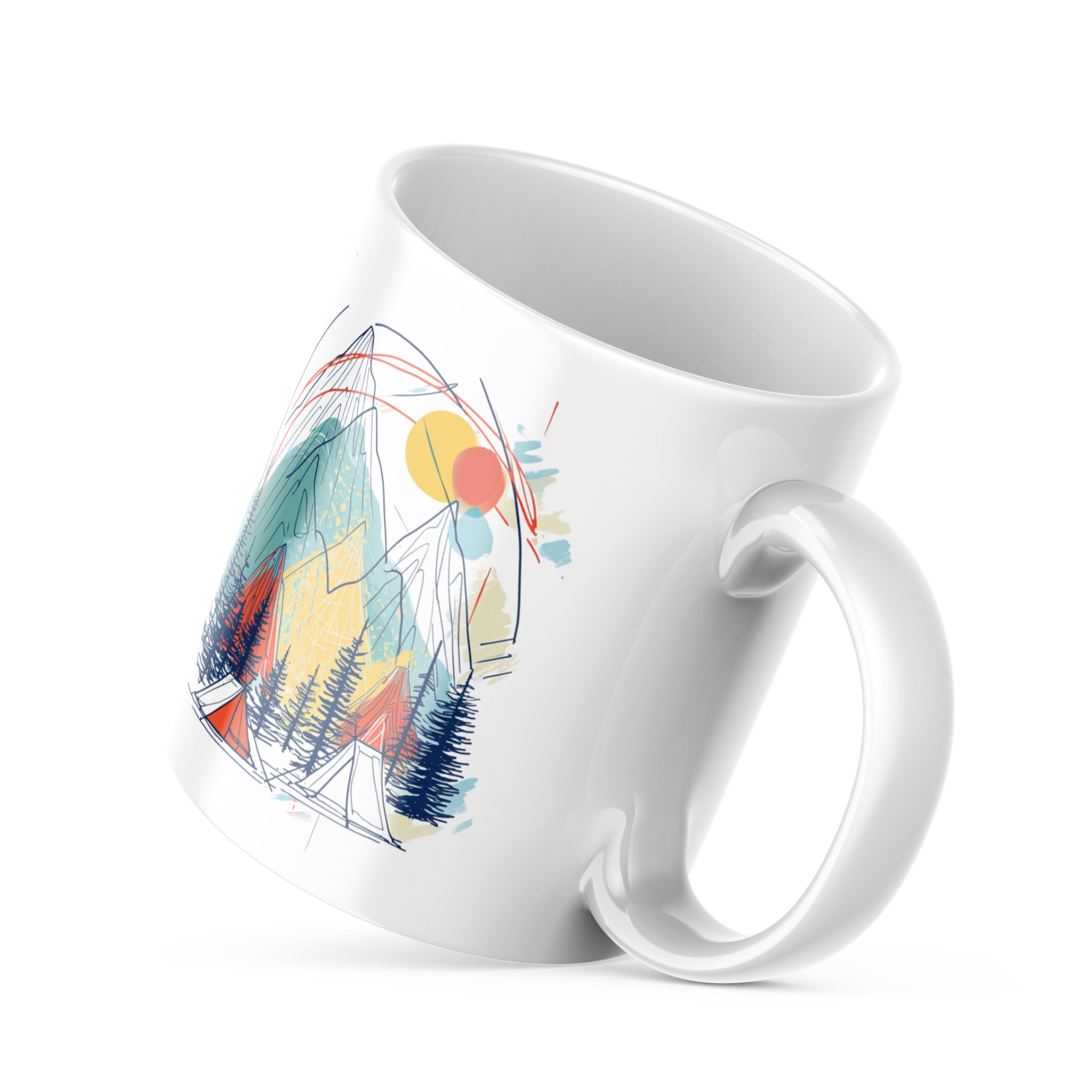 Romantic Mountain Tent Mug 11oz with colourful outdoor camping illustration and Good Morning text, ceramic coffee cup for hikers and adventure lovers
